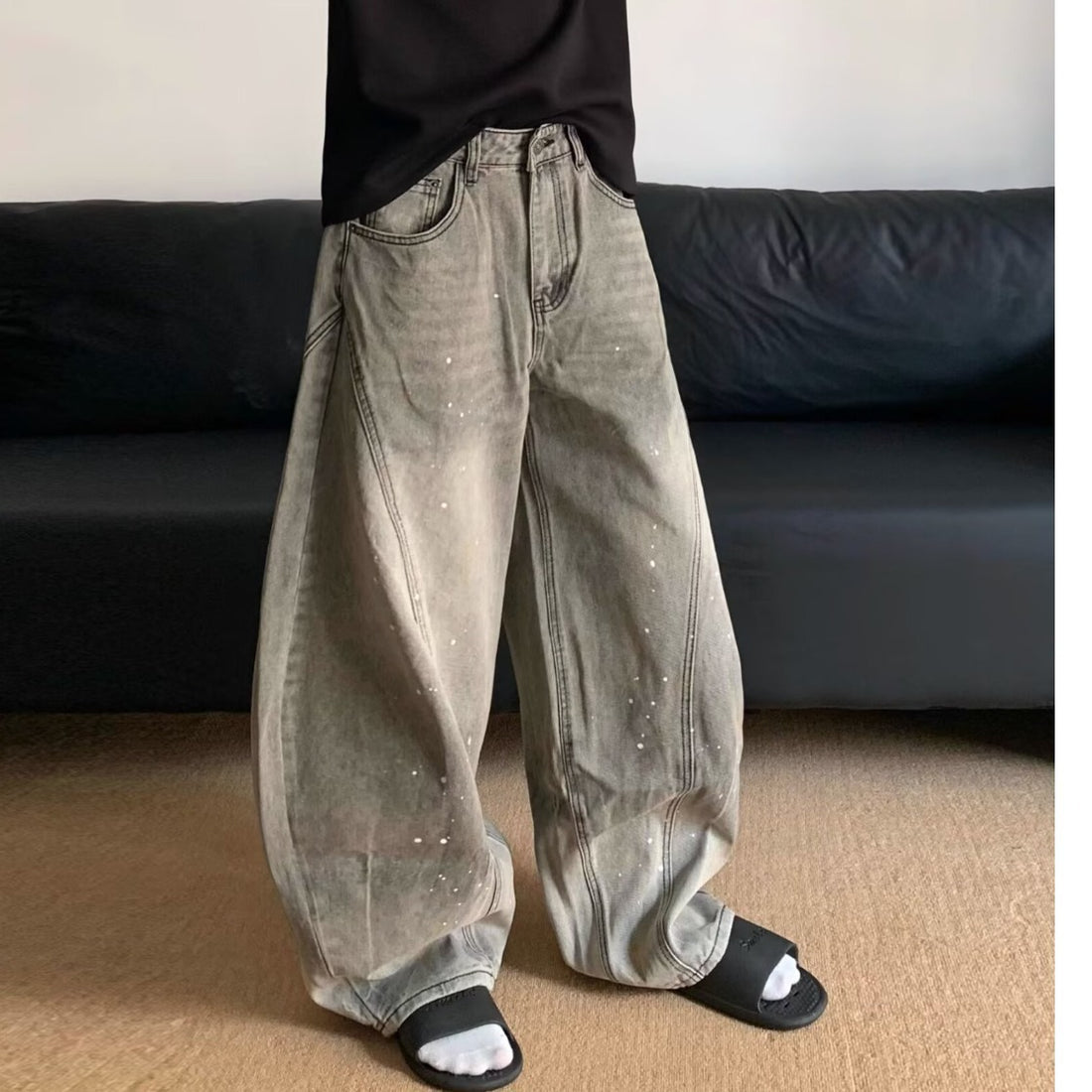 Men’s Mid Waist Gray Straight-Leg Denim Jeans