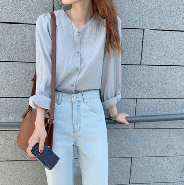 Sweet Mori Girl Pure Cotton V-Neck Long Sleeve Blouse