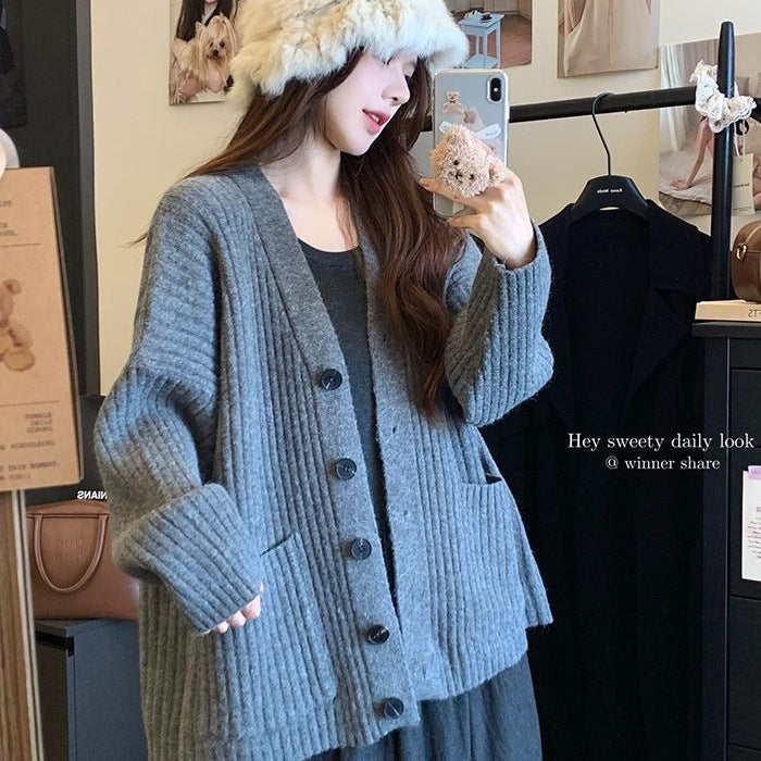 Women’s Mid-Length Knitted Solid Color Cardigan Sweater