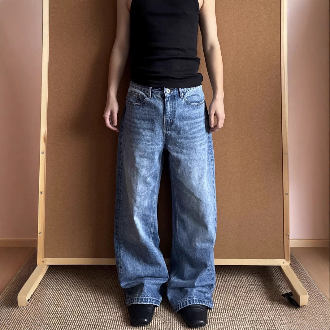 Men’s Blue Cotton Straight Jeans with Mid Waist