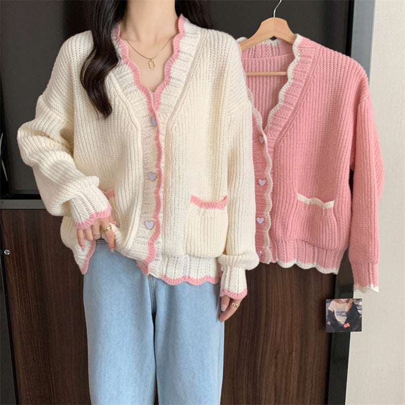 Women’s Loose Long Sleeve Polyester Coat – Pink & Beige