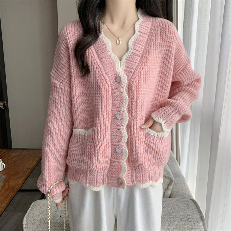 Women’s Loose Long Sleeve Polyester Coat – Pink & Beige