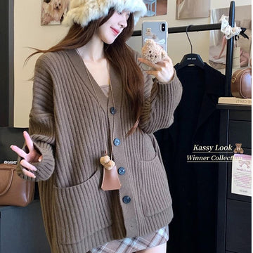 Women’s Mid-Length Knitted Solid Color Cardigan Sweater