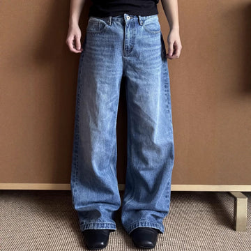 Men’s Blue Cotton Straight Jeans with Mid Waist